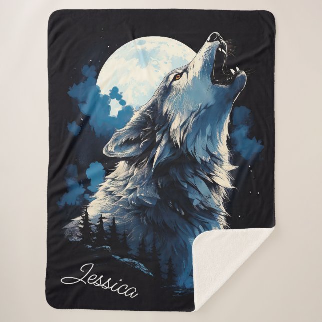 Manta Sherpa Wolf Howling en la Luna (Anverso)