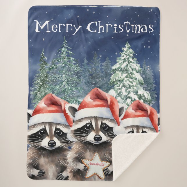 Manta Sherpa Woodland Raccoon Feliz Navidad personalizado (Anverso)