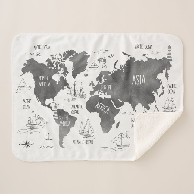 Manta Sherpa World Map Art Black White Nautical (Anverso (horizontal))