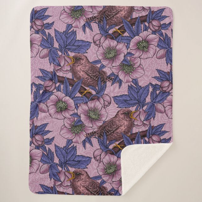 Manta Sherpa Wren y hellebore, rosa y violeta (Anverso)