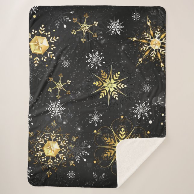 Manta Sherpa Xmas Golden Snowflakes on Black Background (Anverso)