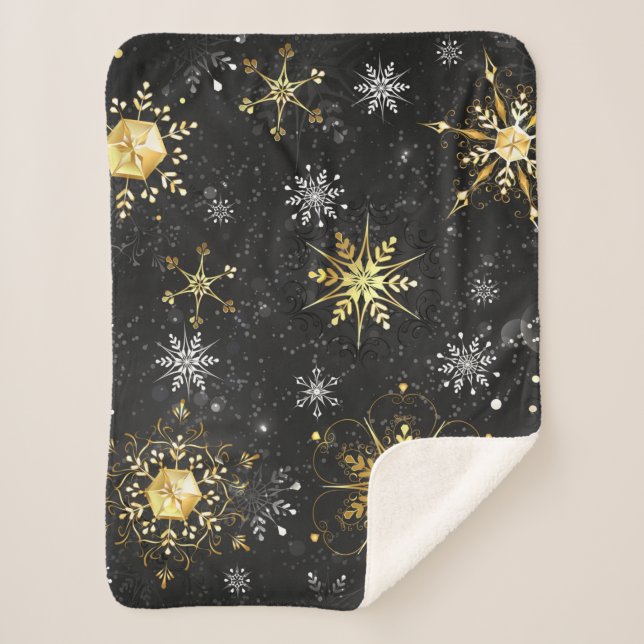 Manta Sherpa Xmas Golden Snowflakes on Black Background (Anverso)