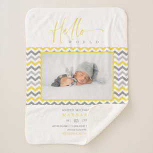 Manta Sherpa Yellow Grey Zigzag Stripes Hello World Quote Photo