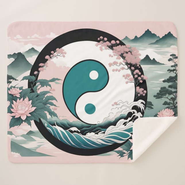 Manta Sherpa Yin Yang, floral, Verde azulado sabio rosa (Anverso (horizontal))