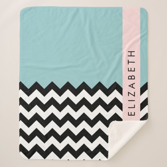 Manta Sherpa Zigzag negro y blanco, chevron, azul, tu nombre (Anverso)