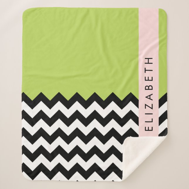 Manta Sherpa Zigzag negro y blanco, chevron, verde, tu nombre (Anverso)