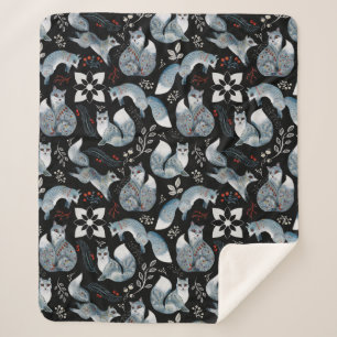 Manta Sherpa Zorros azules estilizados con diseños florales int