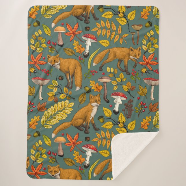 Manta Sherpa zorros otoñales sobre verde pino (Anverso)