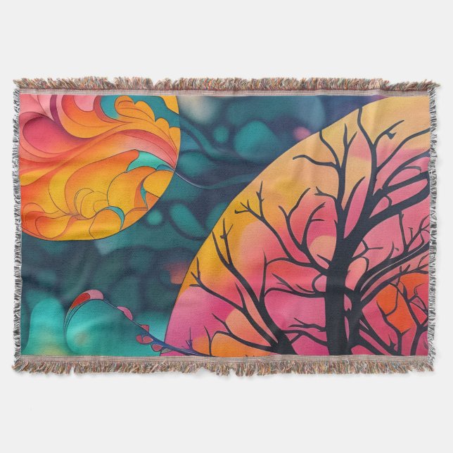 Manta Silueta de árbol de luna llena rosa y dorado (Anverso)
