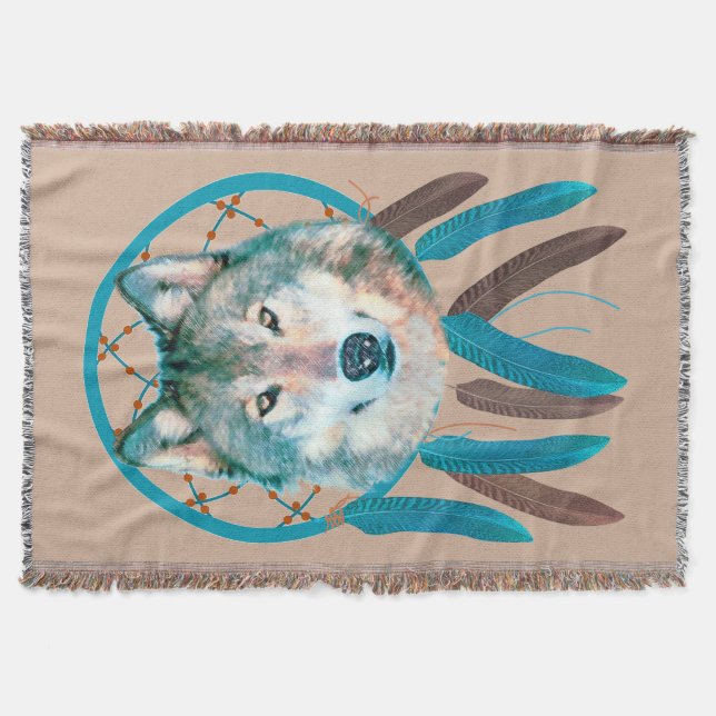 Manta Spirit Wolf Dream Catcher Personalizado Throw Blan (Anverso)