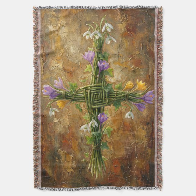 Manta St Brigid Cross Green Rushes Crocus Imbolc Art (Frente vertical)