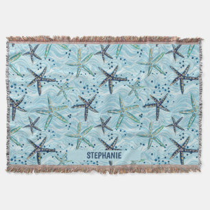 Manta Starfish azul claro y dorado en el patrón de ola o