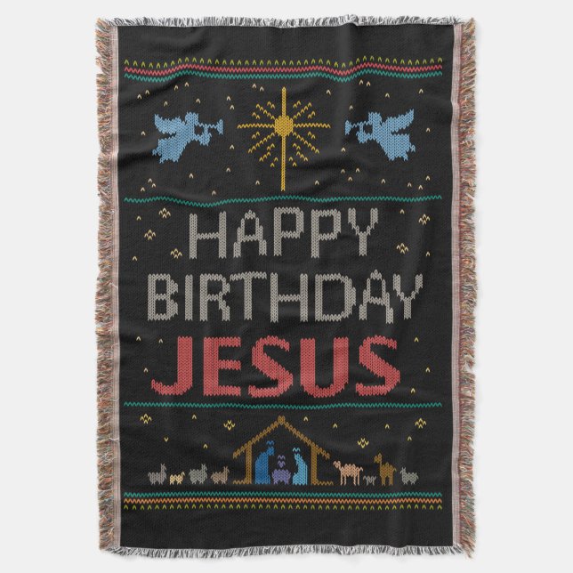 Manta Suéter de Navidades feos - Feliz cumpleaños Jesús (Frente vertical)