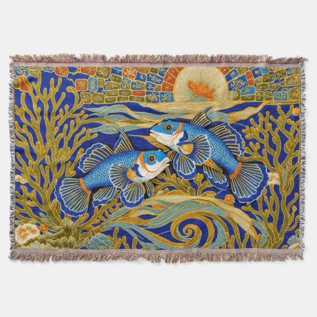 Manta Tapiz Estilo Retro Pez Mandarin Azul (Anverso)