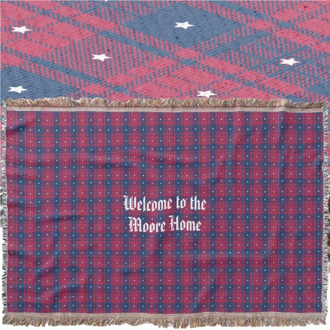 Manta Tartán - Patriótico - Estrellas blancas rojas (Tartan - Patriotic - Red Blue White Stars Throw Blanket by Leapfroglisics Shop)