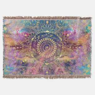 Manta Tejida acuarela dorada y nebulosa mandala