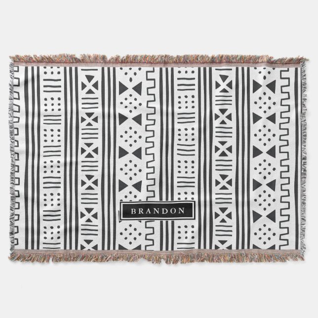 Manta Tejida Africano blanco MudCloth del negro el | inspirado (Anverso)