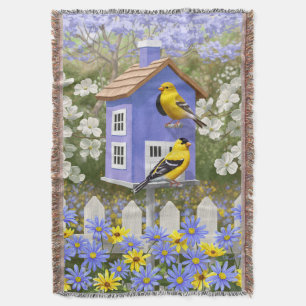 Manta Tejida American Goldfinch Bird House Flower Garden