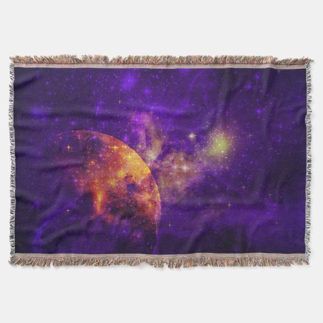 Manta Tejida Amethyst Sky, Golden Planet n Nebula Throw Blanket (Anverso)