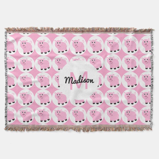 Manta Tejida Animales del patrón de cerdo rosado monogramados (Anverso)