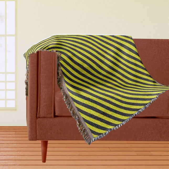 Manta Tejida Bandas diagonales negras y amarillas (Black and Yellow Diagonal Stripes Throw Blanket)