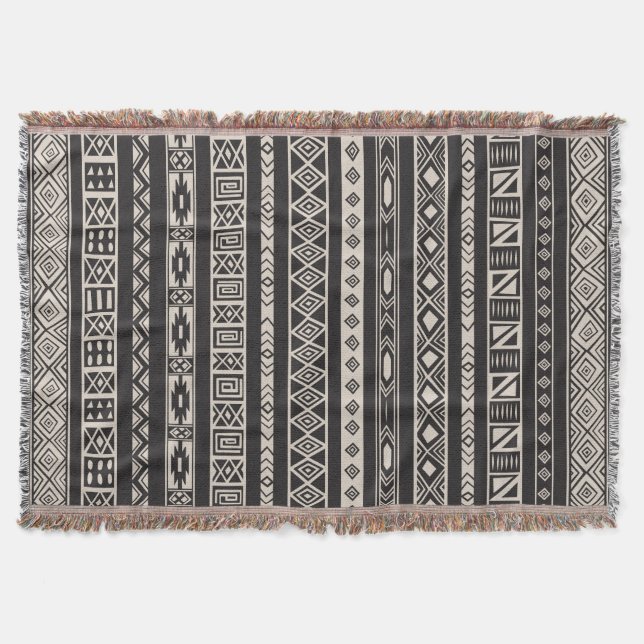 Manta Tejida Beige geométrico étnico tribal azteca del negro (Anverso)