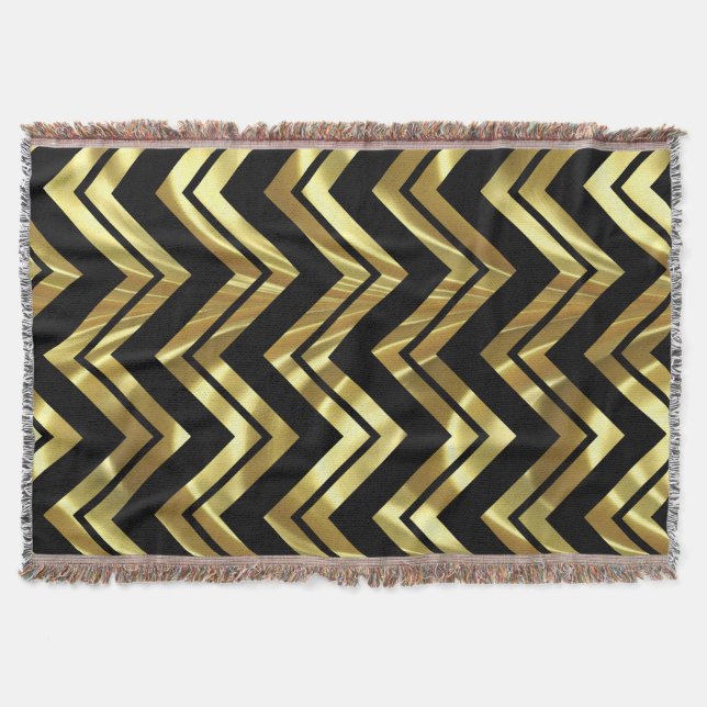 Manta Tejida Black And Metallic Gold Chevron Zigzag Pattern (Anverso)