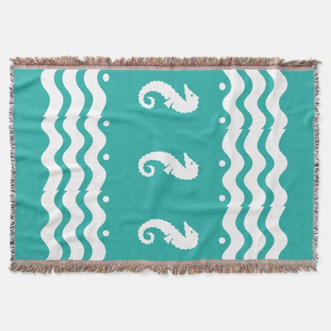 Manta Tejida BLANCO sobre el verde azulado agua AZUL SEA HORSE  (Anverso)