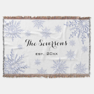 Manta Tejida Blue Winter Snowflakes on White