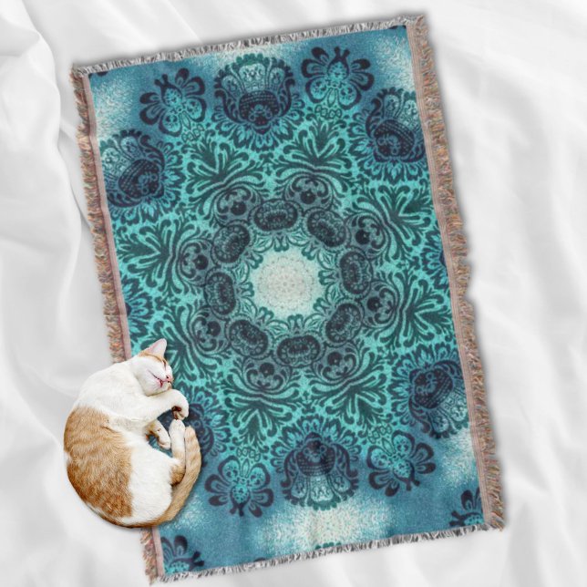 Manta Tejida Boho henna floral paisquoise mandala verde azulada (Boho henna floral paisley turquoise teal mandala throw blanket)