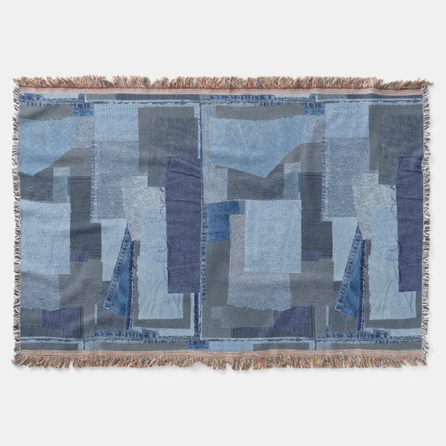 Manta Tejida Boro Boro Blue Jean Patchwork Denim Shibori (Anverso)