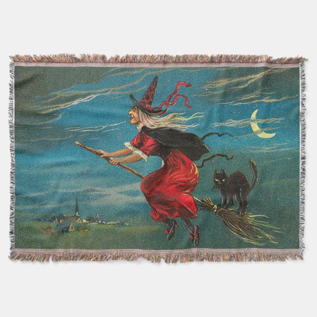 Manta Tejida Bruja Volando Gato Negro Luna Creciente (Anverso)