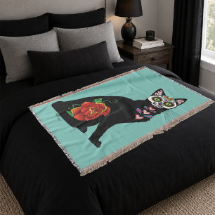 Manta Tejida Calavera de azúcar gato negro rosa corazón turques