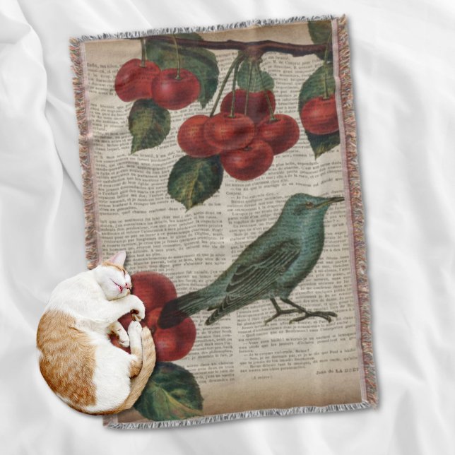 Manta Tejida cereza roja botánica retro (french country bird retro botanical red cherry throw blanket)