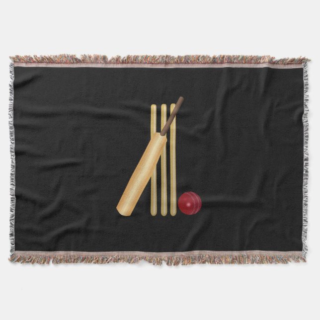 Manta Tejida Cricket - Wicket, Bat y Ball en negro (Anverso)