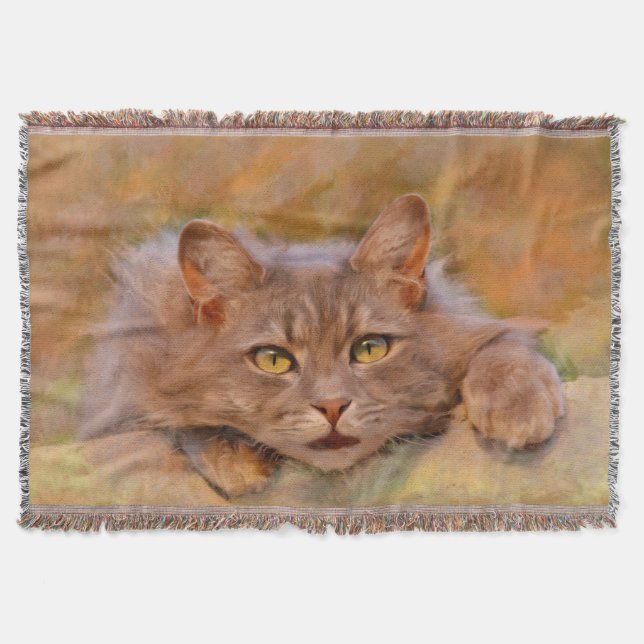 Manta Tejida Cute Brown Cat Watercolor Aceite Pintura Arte (Anverso)