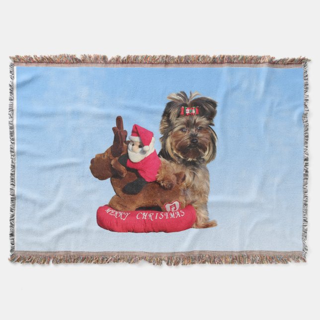 Manta Tejida Cute Yorkshire Terrier Merry Christmas (Anverso)