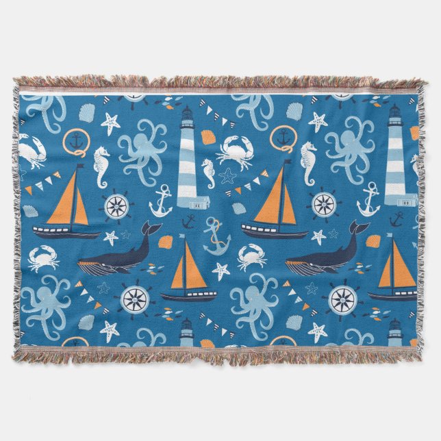 Manta Tejida Deep Blue All Things Nautical Throth Blanket (Anverso)