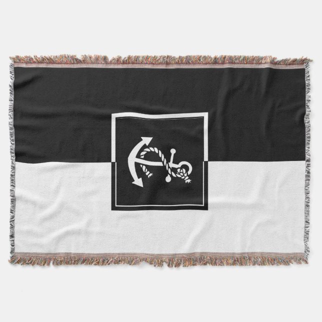 Manta Tejida Diseño geométrico de anclaje de barco blanco y neg (Anverso)