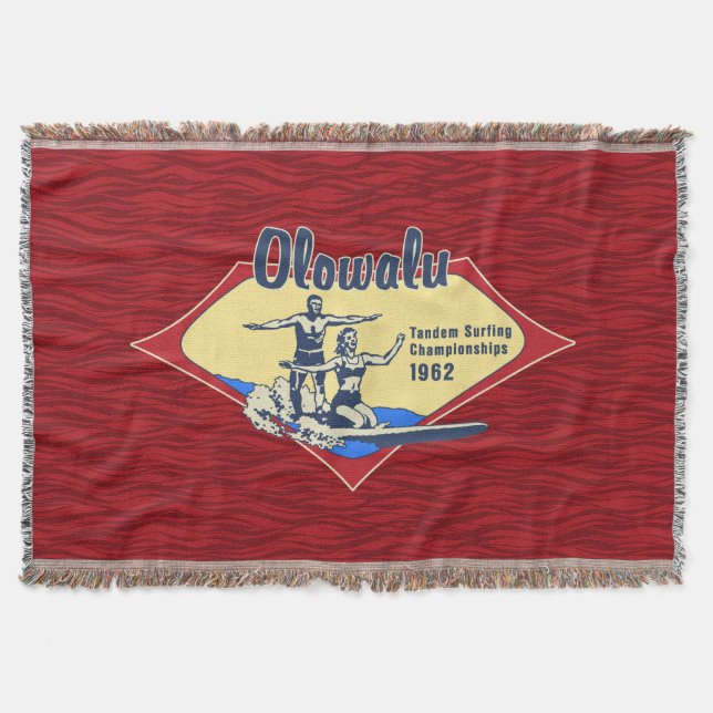 Manta Tejida Diseño Tandem Surfing Hawaiano Vintage (Anverso)