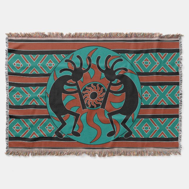 Manta Tejida Diseño tribal de Turquoise Kokopelli en el suroest (Anverso)