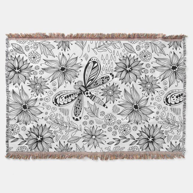 Manta Tejida Doodle de libélula y flores (Anverso)