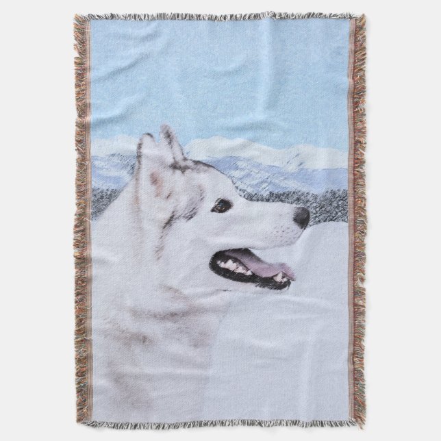 Manta Tejida El Husky Siberiano (Plata y Blanco) Pintura de art (Frente vertical)