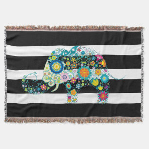 Manta Tejida Elefante Floral Retro de franjas blancas y negras