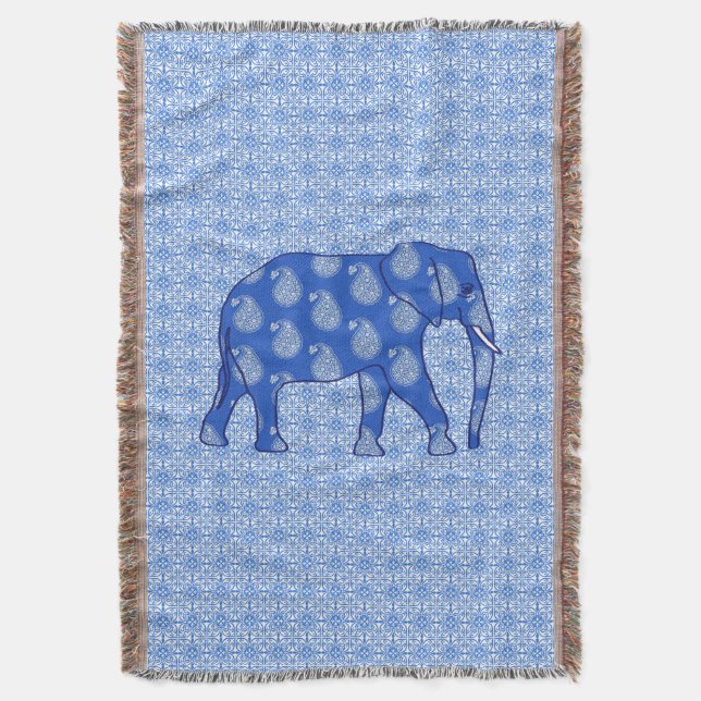 Manta Tejida Elefante paisley - azul cobalto y blanco (Frente vertical)