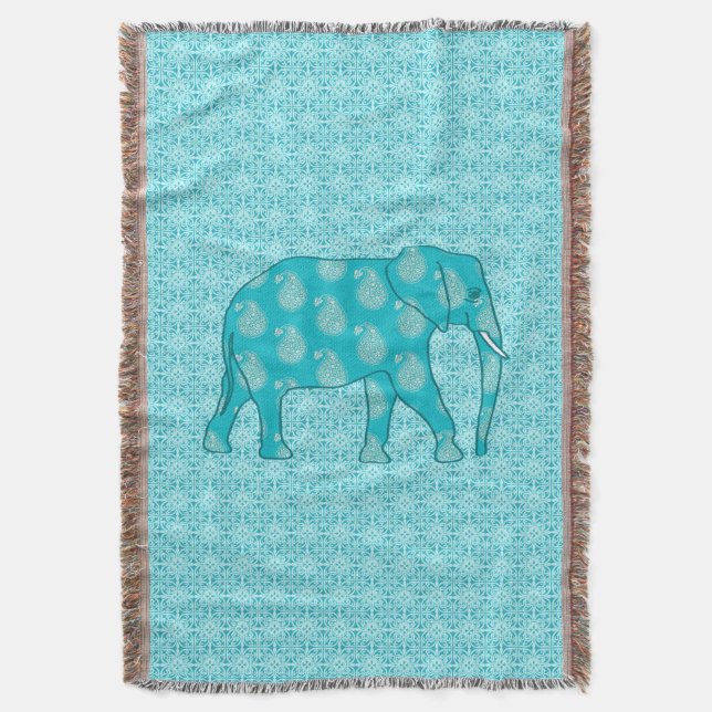Manta Tejida elefante paisley - turquesa y aqua (Frente vertical)