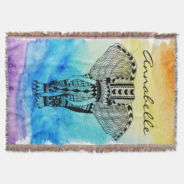 Manta Tejida Elefante tribal negro arcoiris Personalizado de co (Anverso)