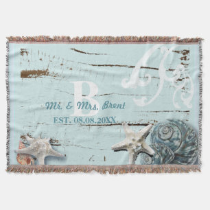 Manta Tejida Elegante madera BLue Seashells Beach Wedding
