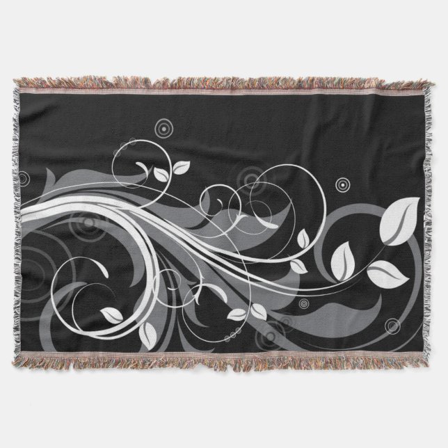 Manta Tejida Estampado de flores gris en negro (Anverso)