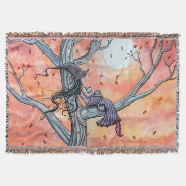 Manta Tejida Fall Slumber Fantasy Witch Cat Halloween Art (Anverso)